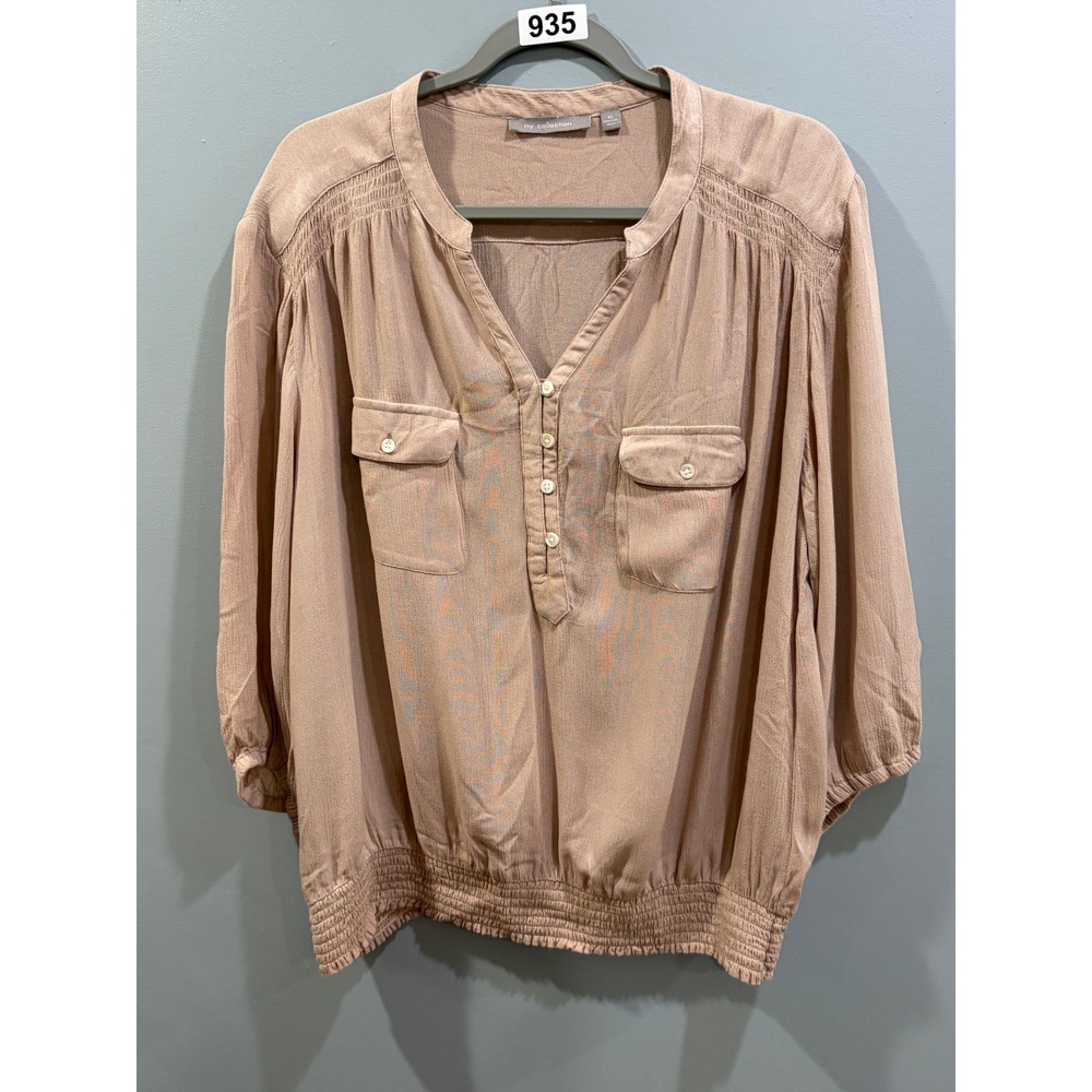 NY Collection Women Mauve Smocked Hem V-Neck Blouse XL MCOU0144 Rayon Top